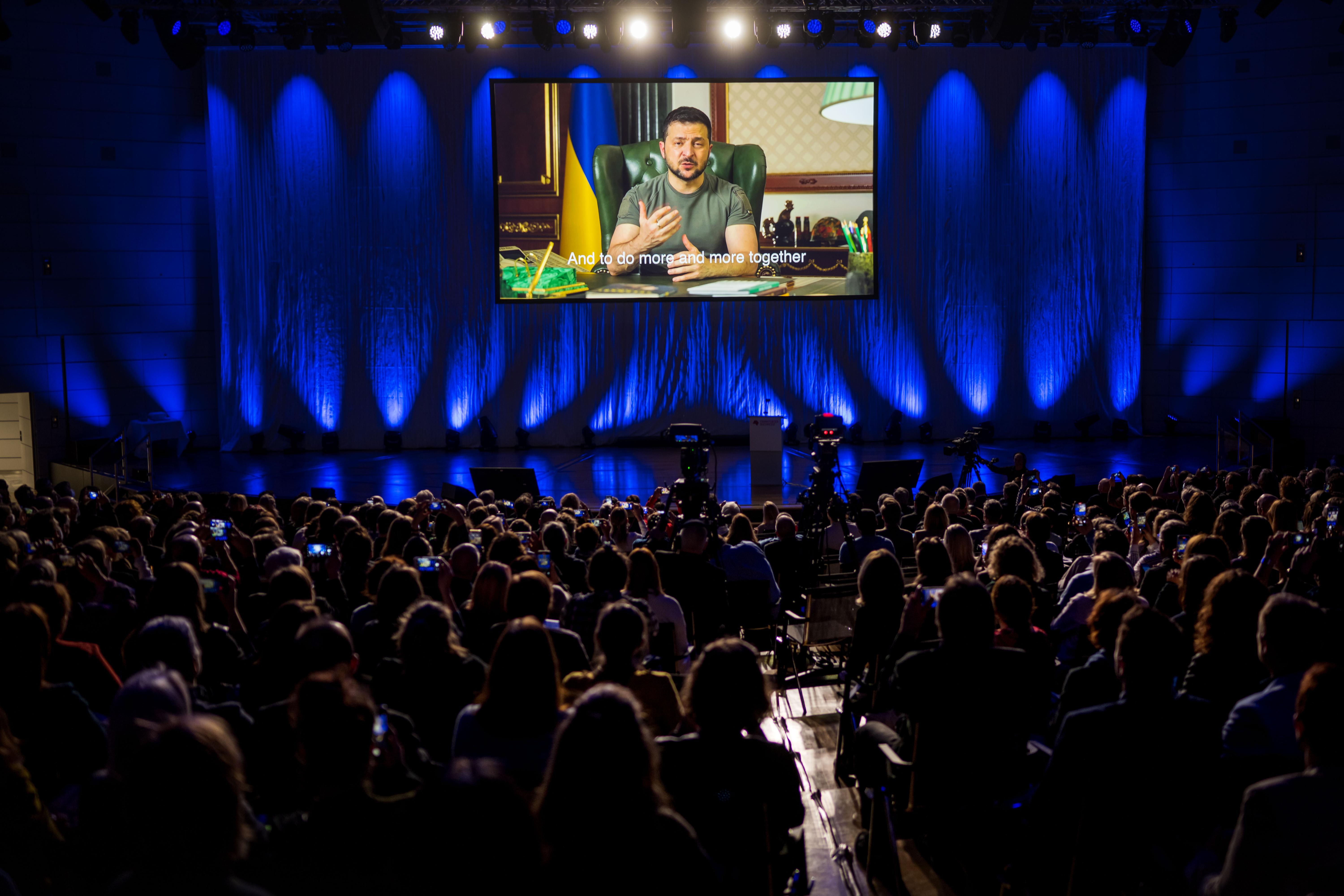 President Voldymer Zelensky of Ukraine speaking via video to delegates at Frankfurt Book Fair 2022