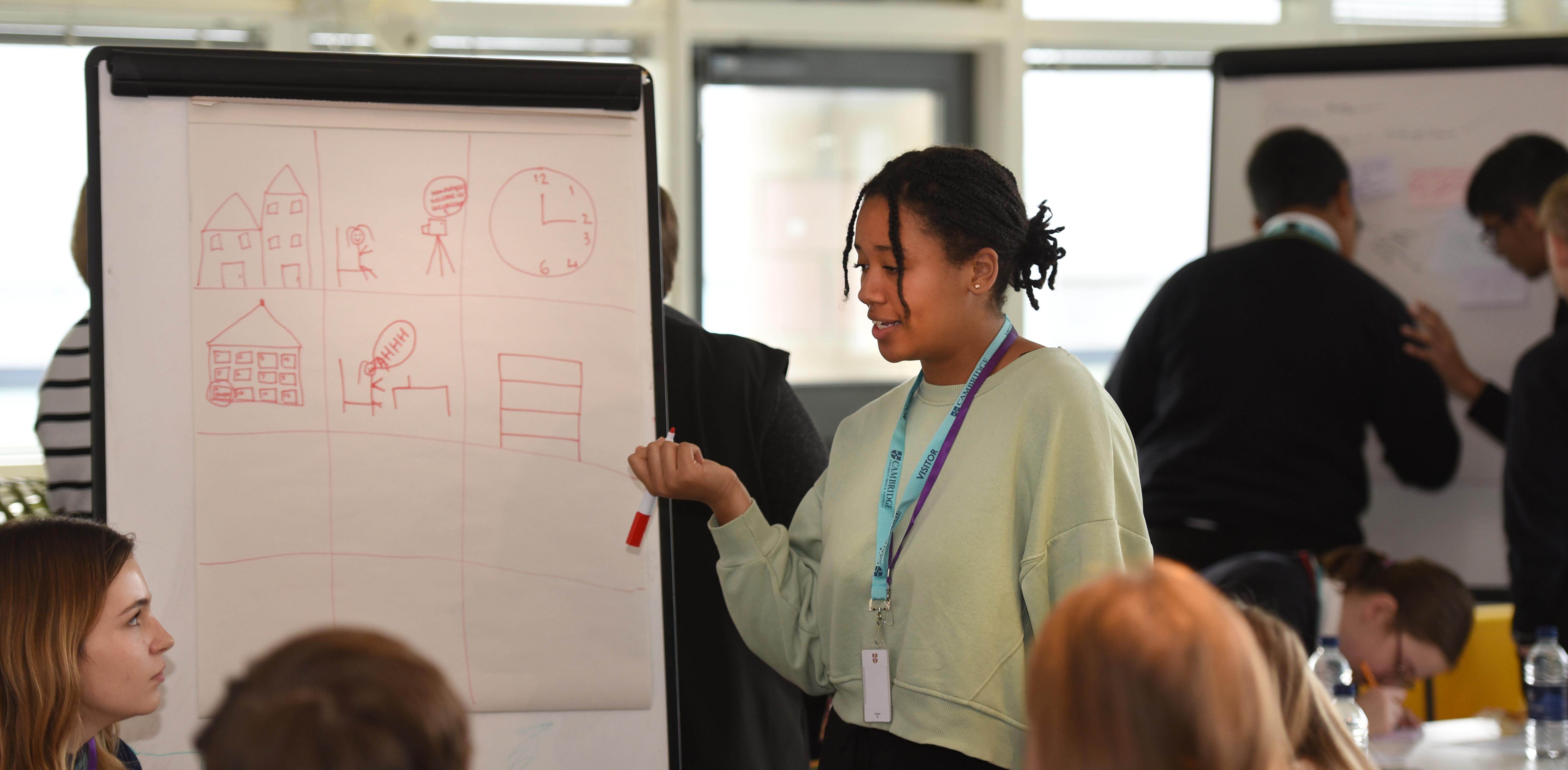Students presenting storyboards on flipchart