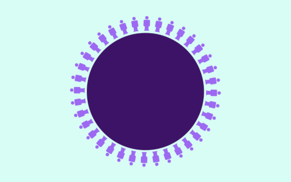 purple circle with illustrations of people around it