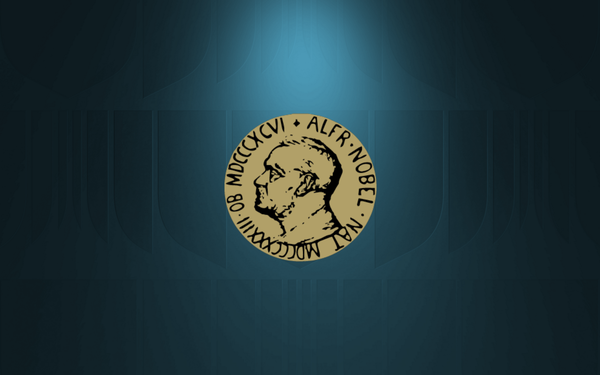 Blue banner with a spotlight design with the Nobel logo