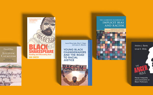 Five books on Black history and racial justice displayed against an orange background.