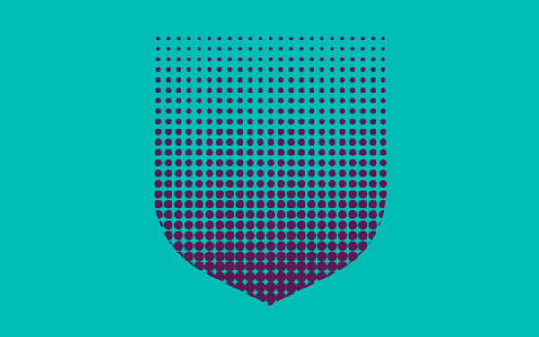 Shield shape with purple dot pattern infill, on a Cambridge Blue background