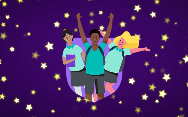 Joyful illustration of three school children celebrating under a starry purple sky—academic achievement and student celebration concept.