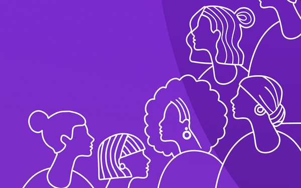 International Women's Day doodle featuring a range of silhouettes of different women on top of classic Cambridge purple brand texture  