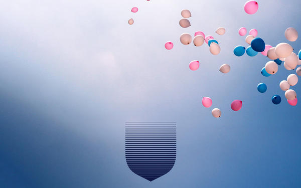A cloudy blue sky background, with pink and blue balloons floating upwards, and shield shape with dark blue line pattern.
