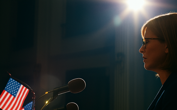 Woman speaker at a podium with American flags