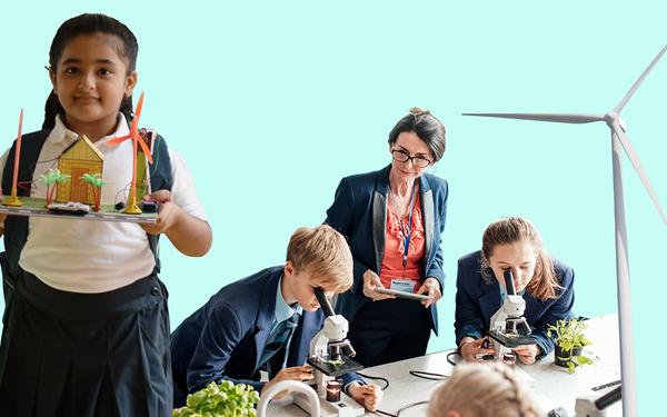 Montage of school children and wind turbine.