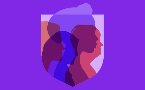 Outline of people in purple shield shape