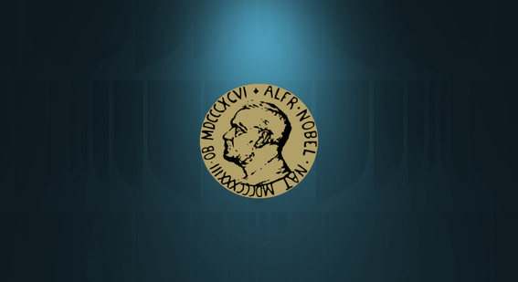 Blue banner with a spotlight design with the Nobel logo