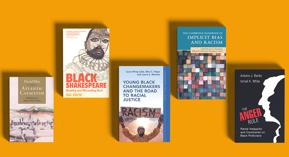 Five books on Black history and racial justice displayed against an orange background.