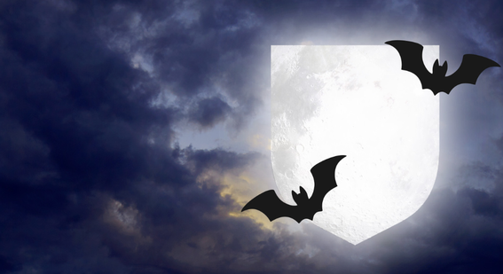 Cloudy night with glowing shield shaped moon with bats