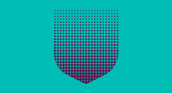 Shield shape with purple dot pattern infill, on a Cambridge Blue background
