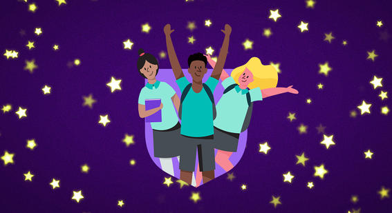 Joyful illustration of three school children celebrating under a starry purple sky—academic achievement and student celebration concept.
