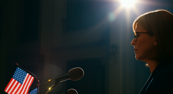 Woman speaker at a podium with American flags