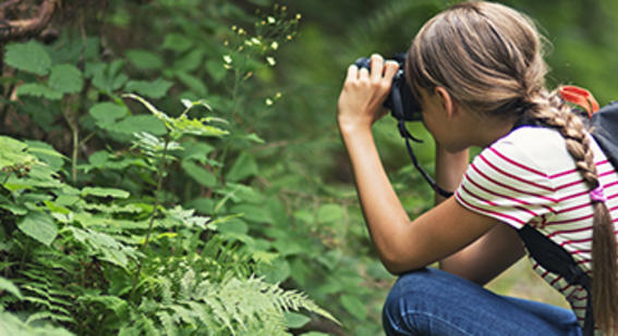 student crouching down in a woodland inspecting the undergrowth through binoculars