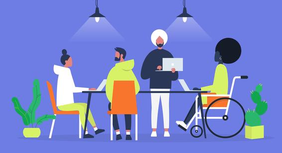 Graphic illustration of colleagues with various abilities and backgrounds at a table