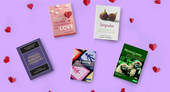 books on purple background with hearts