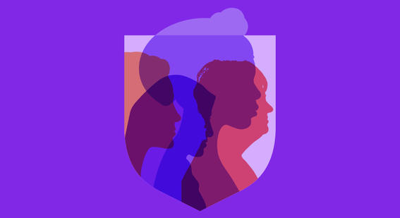 Outline of people in purple shield shape